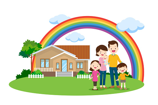 happy Big family on rainbow background of the house. Parents and children, grandparents together