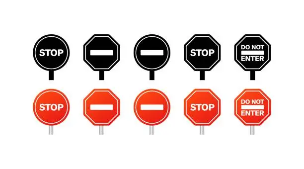 Vector illustration of Road stop signs icons. Silhouette and flat style. Vector icons