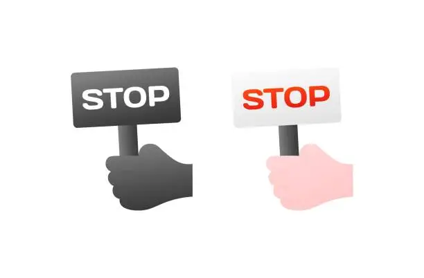 Vector illustration of STOP signs in hand. Stop icons. Flat style. Vector icons