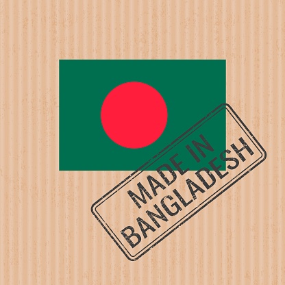 Made in Bangladesh badge vector. Sticker with stars and national flag. Ink stamp isolated on paper background.
