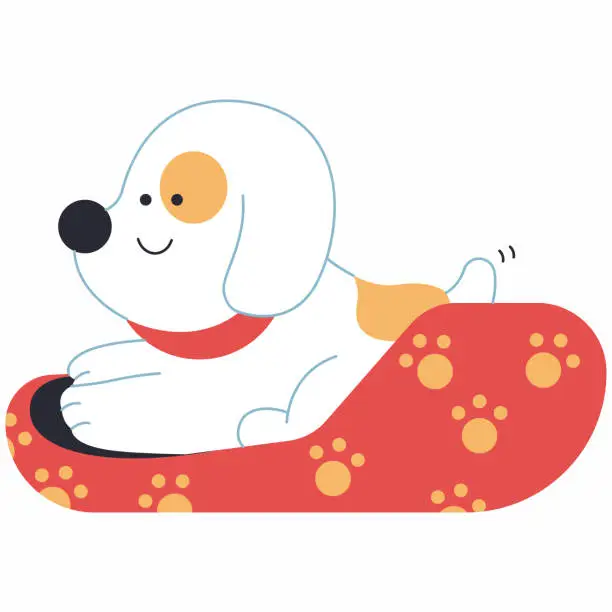 Vector illustration of Cute puppy in dog bed vector cartoon illustration isolated on a white background.