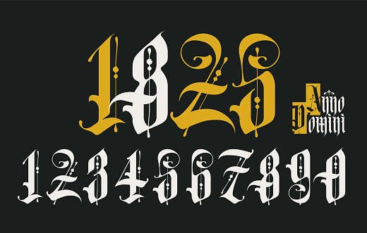 Arabic numerals from 0 to 9 from a Gothic style font. Latin phrase From the Nativity of Christ.