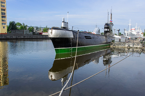 Soviet diesel-electric submarine B-413 is on display at pier of Museum of World Ocean. Object of cultural heritage of Russia, ship-museum. Kaliningrad, Russia, June 16, 2012