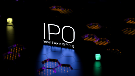 IPO Initial Public Offering text, inscription. IPO concept, banner. 3D render