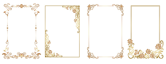 Decorative vintage frames and borders set. Gold photo frame. Wedding and restaurant menu