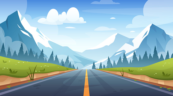 Mountain road landscape. Vector illustration of highway with spring mountains, hills, fields, beautiful sky. Road trip to horizon. Car adventure. Straight freeway for vacation, adventure, game