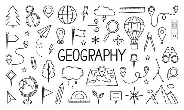 Web Geography doodle set. Education and study concept. map, globe, compass in sketch style. Hand drawn vector illustration isolated on white background magnify glass sketch stock illustrations