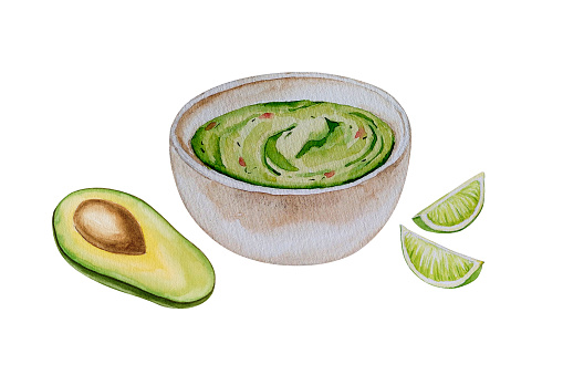 Watercolor guacamole, traditional national mexican avocado sauce, lime, hand painted on paper, white background, isolated illustration, for cookbook, design, backgrounds