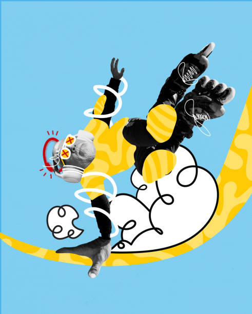 istock Active senior man in headphones skating on rollers on blue background with doodles. Contemporary art collage. 2007826364