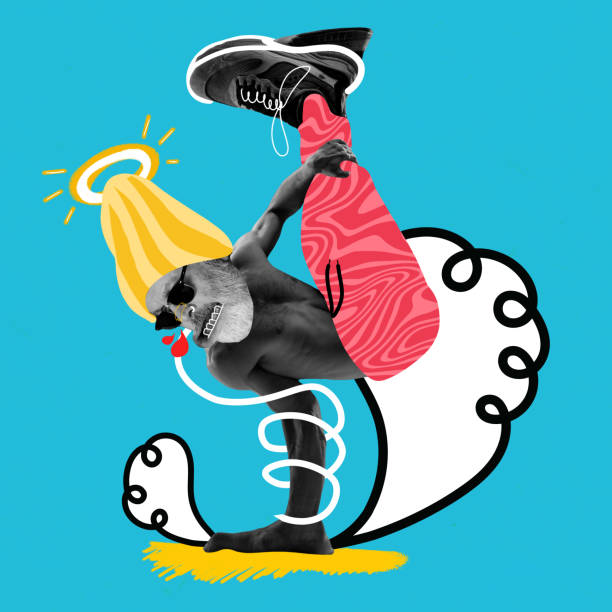 istock Senior man breakdancing over blue background with doodles. Contemporary art collage. Timeless appeal of hip-hop culture. 2007826365