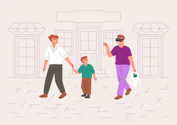 Vector illustration of Male in virtual reality glasses walking with a package of products down the street.
