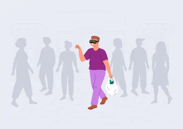 Vector illustration of Man in virtual reality glasses walking down the street in the silhouettes of a crowd of people.