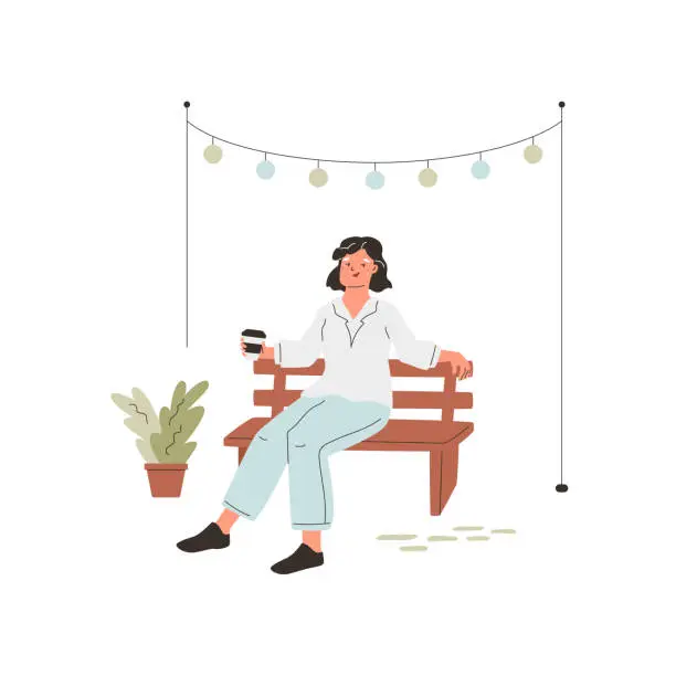 Vector illustration of Stylish woman sitting on bench with a cup of coffee.