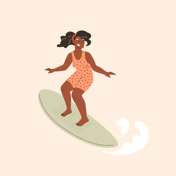 Vector illustration of African woman on a surfboard in a retro swimsuit.