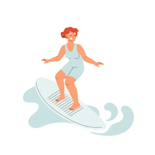 Vector illustration of Woman on a surfboard isolated on abstract waves.