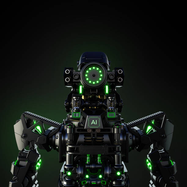 This image showcases a high-tech artificial intelligence robot illuminated with striking green neon lights, set against a muted, dark backdrop to highlight its features.