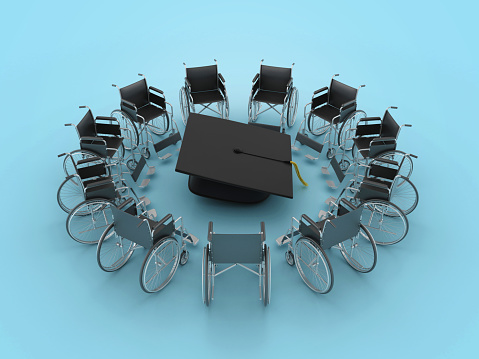 Wheelchairs with Graduation Cap - Color Background - 3D Rendering
