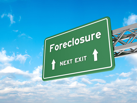 Highway sign with FORECLOSURE on Sky - Sky Background - 3D rendering