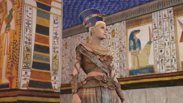 Queen Nefertiti in Tomb with old wall paintings in ancient Egypt. Historical 3d rendering animation.