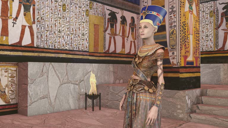 Queen Nefertiti in Tomb with old wall paintings in ancient Egypt. Historical 3d rendering animation.