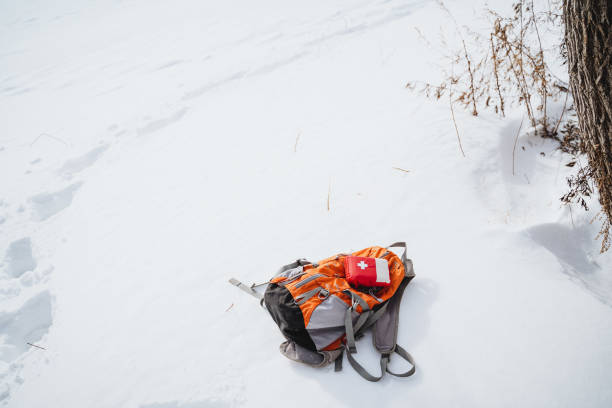 istock Orange backpack with a first aid kit on the snowy ground near the tree 2007851315