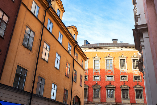 Urban morning scene of old apartments in Gamla Stan (old town), Stockholm, Sweden, Scandinavia, Europe