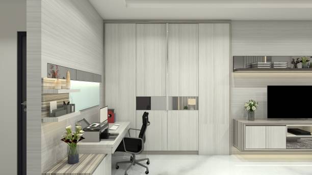 istock Minimalist Work Desk Design with Drawer Cabinet, Display Rack and Storage Wardrobe 2007852911