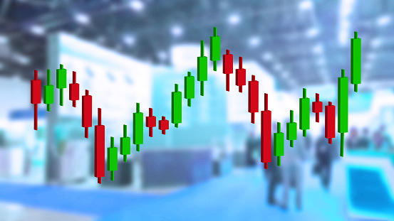 Stock market investment graph with Japanese candlesticks on abstract blur business trade background. Financial, economic growth and crisis concept. Market graph. open, high, low prices. stock Exchange