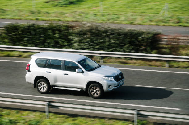 Santander, Spain - 12 February 2024: A Toyota Land Cruiser in motion on a highway