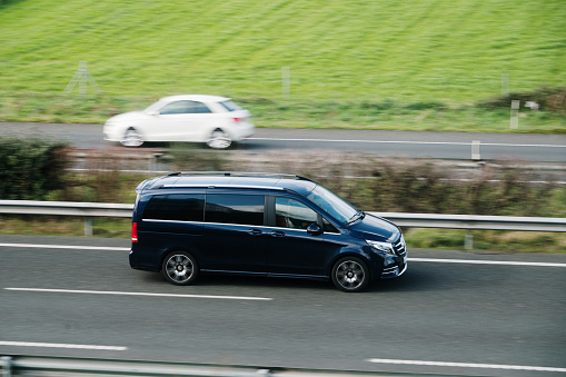 Santander, Spain - 12 February 2024: A Mercedes-Benz V Class in motion on a highway
