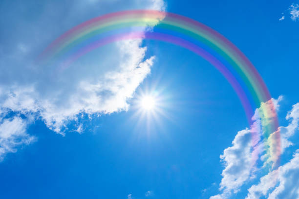 Bright blue sky with rainbow and sunshine