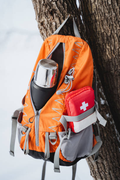 istock Orange backpack with essentials hanging on a tree in snowy forest, isolated on white background 2007866312