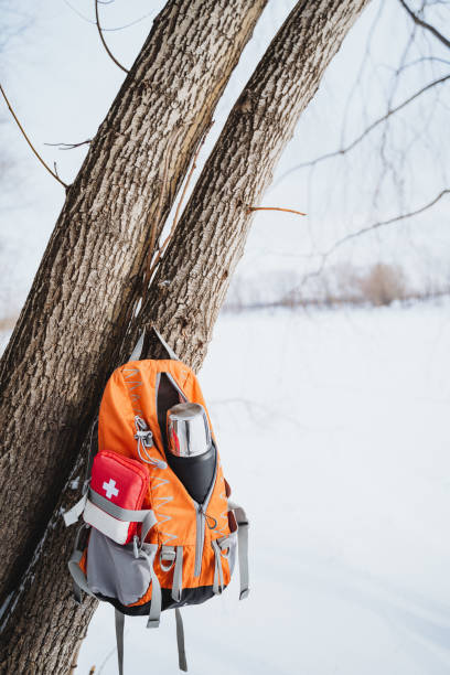 istock Orange backpack with a first aid kit and a thermos bottle hanging on a tree in the winter forest. 2007866335