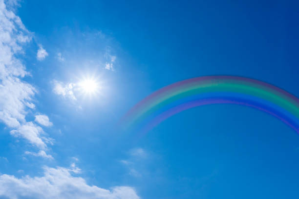 Bright blue sky with rainbow and sunshine