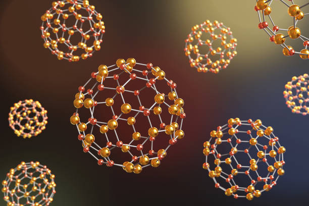 Atoms having hexagonal bonds forming spherical structures floating in mid air on dark background. Illustration of the concept of quantum mechanics and carbon bonding