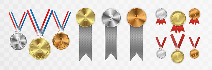 Set of gold, bronze and silver. Award medals isolated on transparent background. Vector illustration of winner concept.