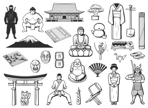 Japanese culture, travel and food sketches. Vector sushi, pagoda temple and lantern of Japan, Asian geisha, bonsai tree and origami, tea set, bamboo and paper fan, fuji mountain and torii gate