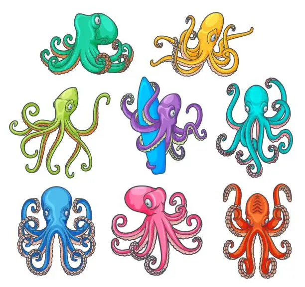 Vector illustration of Cartoon colorful octopuses with tentacles