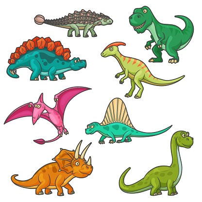 Cartoon dinosaur characters, funny dinos. Vector triceratops, tyrannosaurus, stegosaurus and brontosaurus, pterodactyl, parasaurolophus and spinosaurus, diplodocus and ankylosaurus