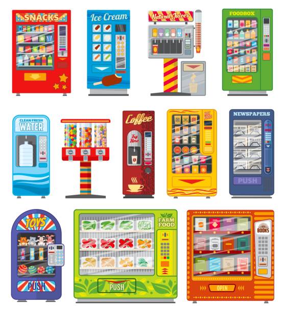 verkaufsautomat, automatischer verkauf von speisen und getränken - newspaper dispenser stock-grafiken, -clipart, -cartoons und -symbole
