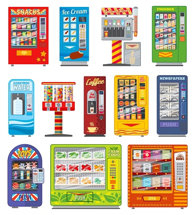 Vending machine vector design of snack food, soda and coffee drink automatic selling. Candy, water and juice dispensers, soft beverage bottles and cans, sandwiches, chocolate, ice cream and newspaper