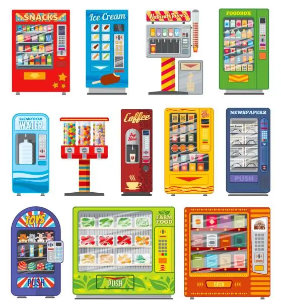 Vector illustration of Vending machine, food and drink automatic selling