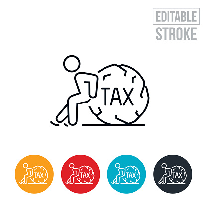 An icon of taxpayer desperately pushing against a boulder representing a tax burden. The icon includes editable strokes or outlines using the EPS vector file.