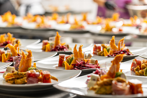 Food buffet in luxury restaurant, lot of appetizer plates