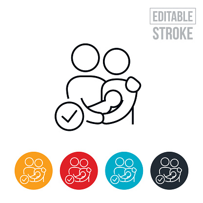 An icon of tax deduction represented with a family and a checkmark. The icon includes editable strokes or outlines using the EPS vector file.