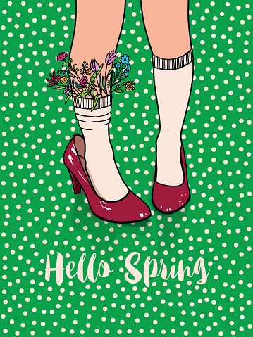 Hello Spring Greeting Sock With Flowers.
This inspirational flat image can be a postcard, party invitation, web banner, shop window, screen wallpaper, poster or flyer.