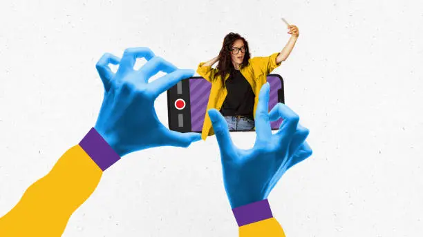 Photo of Contemporary art collage. Hands framing a woman in yellow jacket in smartphone screen with video recording symbol.