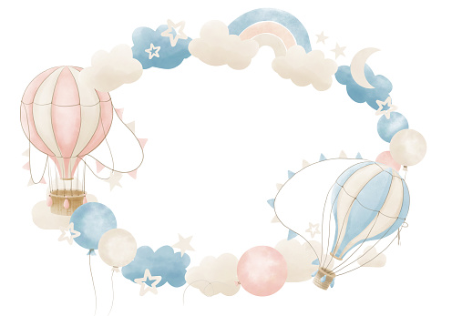 Wreath with hot Air Balloons in pastel colors. Hand drawn circular Frame with vintage aircrafts with clouds and stars for Baby shower greeting cards or kid invitations on white isolated background.