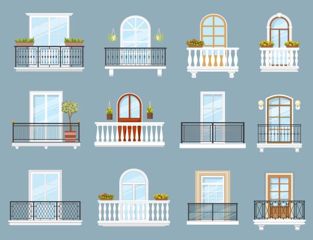 ilustrações, clipart, desenhos animados e ícones de varandas de casas e apartamentos - electric light arch architecture building exterior