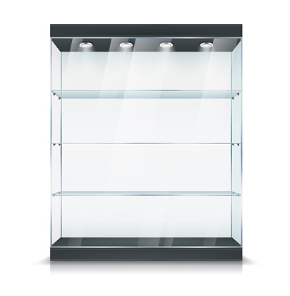 Glass showcase stand with shelves and light lamps, vector realistic 3D mockup object. Product display or glass showcase cabinet with lighting, exhibition, gallery and boutique retail equipment